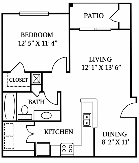 Floor plan for 1 bed, 1 bath, 652 sqft